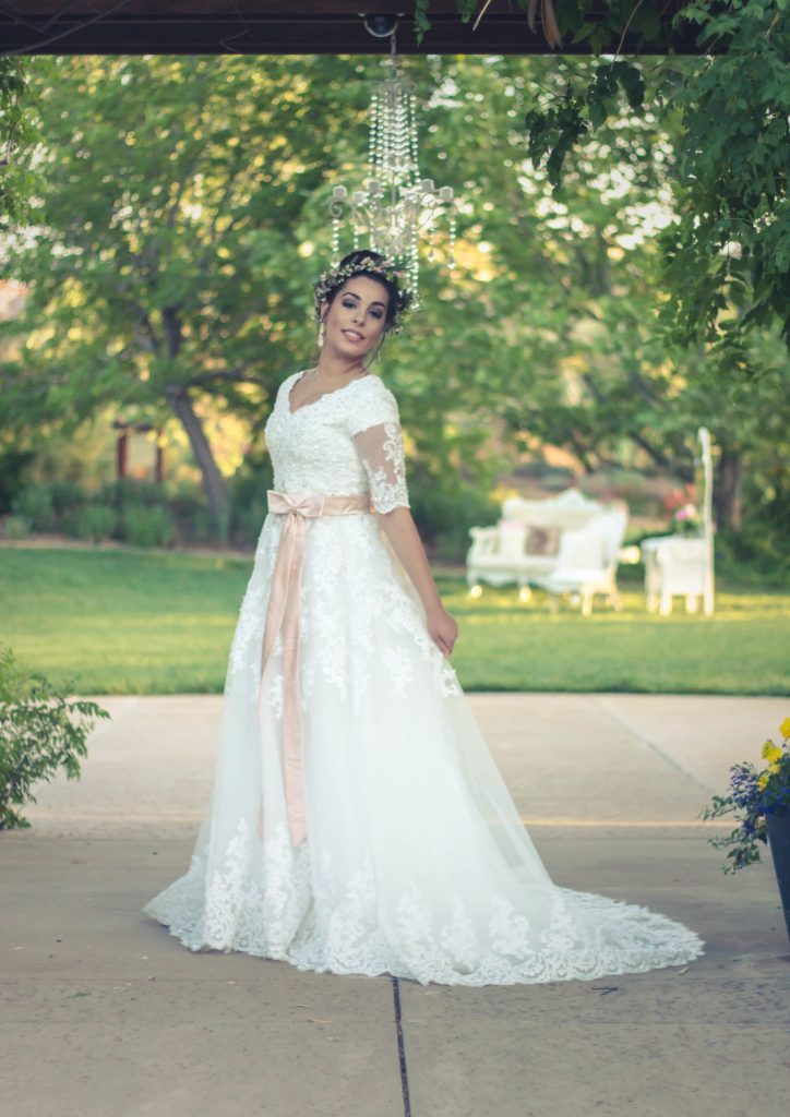 Bride Brittney Ann in custom-made wedding Dress