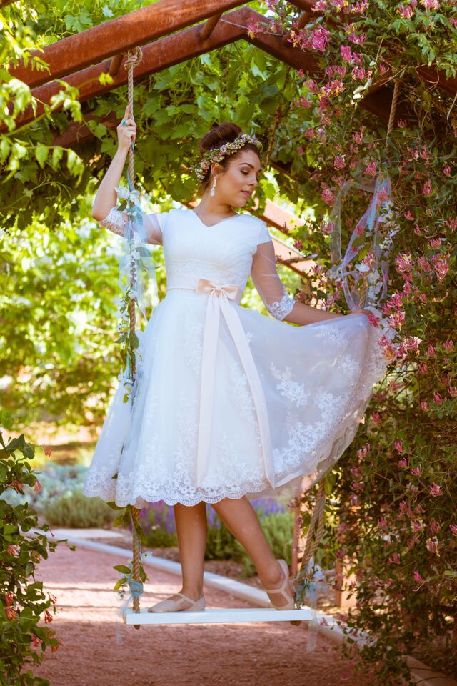 Bride Stephanie in custom-made wedding dress